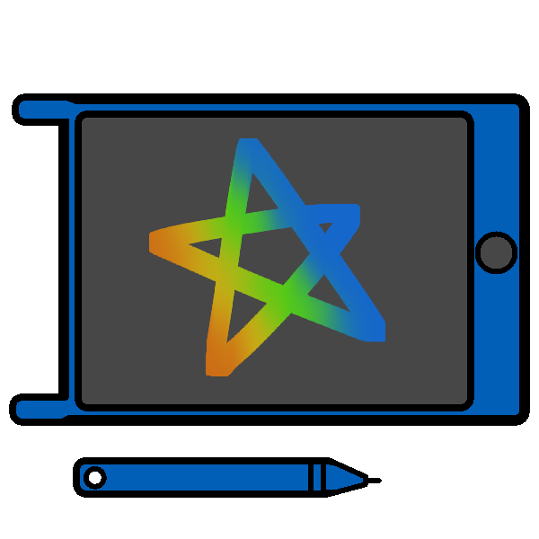 A blue LCD tablet with a star drawn on it, and a matching stylus below it.